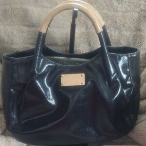 Kate Spade Black Sheen & Beige Handles Satchel Tote Bag